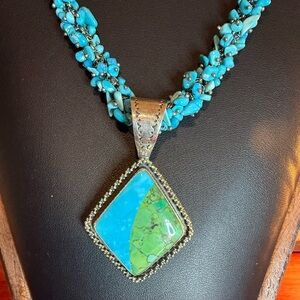 DTR Sterling Silver Turquoise Inlay Pendant Necklace Paperclip Chain